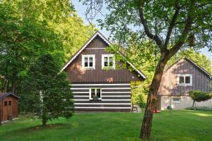 a house with a black roof and a tree at Chaloupka u Borovků in Vyskeř