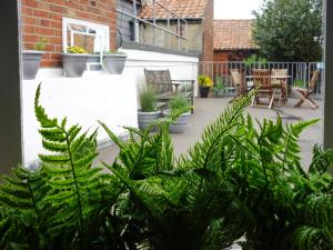 a patio with a bunch of plants and chairs at The Photographer's House in Southwold