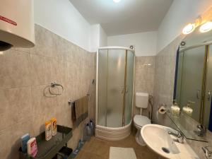a bathroom with a shower and a toilet and a sink at Boke vidik in Savina +7 photos