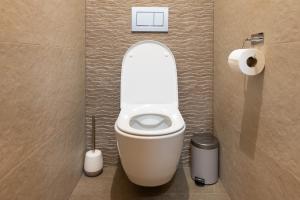 a bathroom with a white toilet with a roll of toilet paper at Chaloupka u Borovků in Vyskeř +23 photos