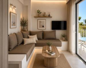 a living room with a couch and a table at PJ Properties Studio in Sounio steps away from the beach in Sounio