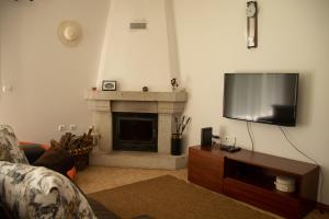 a living room with a fireplace and a flat screen tv at Quinta da Caselinha in Paredes de Coura