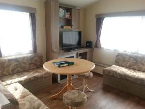 a living room with a table and a tv at VZ779 Stacaravan in Wemeldinge in Wemeldinge