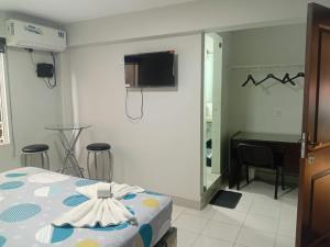 a room with a bed and a desk and a television at Hostal Center A in Santa Cruz de la Sierra