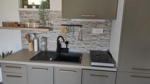 a kitchen with a sink and a counter top at Apartman Noemi in Apševci