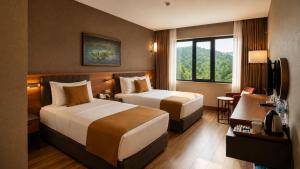 a hotel room with two beds and a window at Hilas Thermal Resort Spa & Aquapark in Ladik +60 photos
