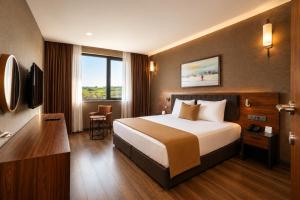 a hotel room with a bed and a window at Hilas Thermal Resort Spa & Aquapark in Ladik
