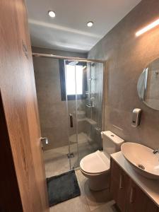 a bathroom with a shower and a toilet and a sink at Niko's Modern Family Home near the Beach in Limassol +17 photos