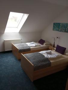 two beds in a room with a window at Hotel Al Cavallino in Arnstorf
