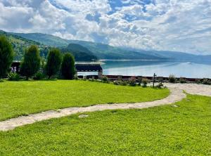 a grassy field with a lake in the background at Cabana Panoramic Bicaz in Hangul