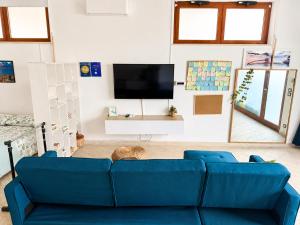 a blue couch in a living room with a tv at B&B The Loft in Gioiosa Ionica