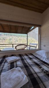 a room with two beds and a large window at Prozori Boiky in Lopushanka-Khomyna