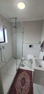 a bathroom with a shower and a toilet and a sink at Bloubergstrand Beachfront Apartment Witsand 101 Tablemountain and ocean views in Cape Town +23 photos