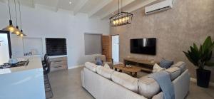 a living room with two couches and a tv at Sky & Sea in St. Helena Bay