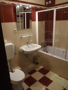 a bathroom with a toilet and a sink and a shower at Hotel Diána in Pécs
