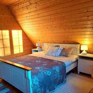 ein Schlafzimmer mit einem Bett in einer Holzhütte in der Unterkunft Lootuse Spa in Nõmmemaa