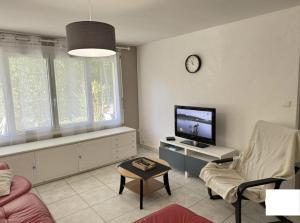 a living room with a tv and a couch and a chair at Logis PONIENTE in Arles-sur-Tech