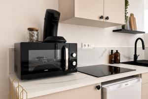a microwave oven sitting on a counter in a kitchen at L'Échappée du Canal in Roanne +10 photos
