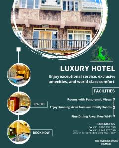 a flyer for a luxury hotel with different images of a building at The Riverside Lodge Gulmarg in Gulmarg
