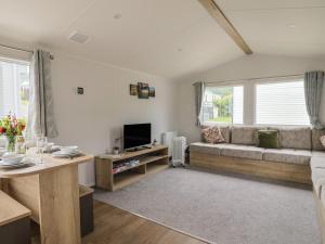 a living room with a couch and a tv at Jurassic Discovery in Charmouth