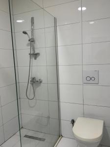 a bathroom with a glass shower with a toilet at Fiona's apartment in Gjakove
