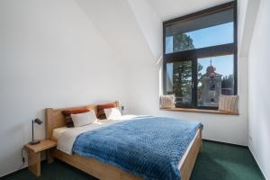 a bedroom with a bed and a large window at Aspen Lodge Apartments & Sauna in Černý Dŭl
