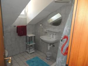 ein Badezimmer mit Waschbecken und einem Duschvorhang in Schwanenform in der Unterkunft Chambre d'hôte du Moulin in Savièse + 16 Fotos