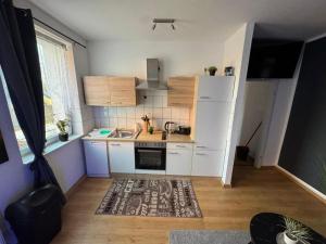 eine kleine Küche mit Spüle und Kühlschrank in der Unterkunft Stadtoase 3 in Wittenberge + 1 Foto