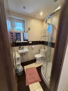 a bathroom with a shower and a toilet and a sink at Pokoje ALbert UL GDAŃSKA 40 in Krynica Morska +61 photos