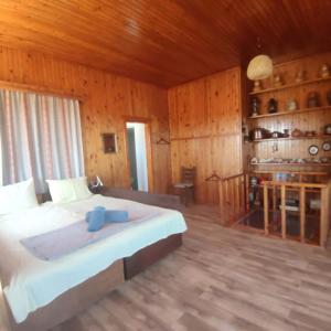a bedroom with a large bed in a wooden room at Rising Sun Guesthouse in Mesokhória