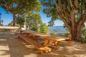 a wooden picnic table sitting next to a tree at Domaine des Druides in Apt