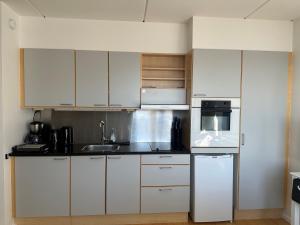 a kitchen with white cabinets and white appliances at Aurora Studio Apartments in Nuuk