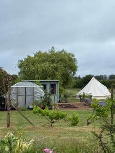 a greenhouse and a yurt in a garden at Apuldram Roses in Appledram