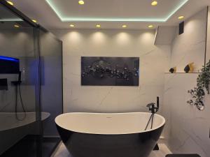 a bathroom with a tub and a glass shower at Förde Loge - Traumblick & Spa in Glücksburg