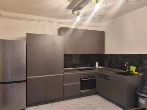 a kitchen with stainless steel cabinets and a sink at Apartments Jakovljevic in Grebaštica
