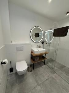 a bathroom with a toilet and a sink and a mirror at Ferienwohnung Hofblick in Krustetten