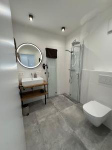 a bathroom with a sink and a toilet and a mirror at Ferienwohnung Hofblick in Krustetten