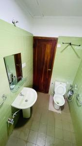 a bathroom with a sink and a toilet and a mirror at Mountain Lodge Ella in Bandarawela