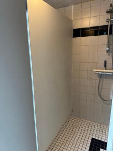 a shower stall in a bathroom with a door at Stege Camping in Stege