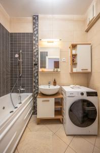 a bathroom with a washing machine and a sink at Amada Apartment in Budapest