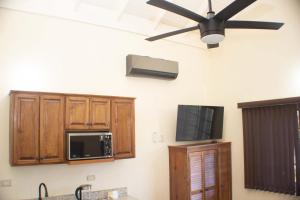 a kitchen with wooden cabinets and a ceiling fan at The Vista Inn Studio #2 in Falmouth