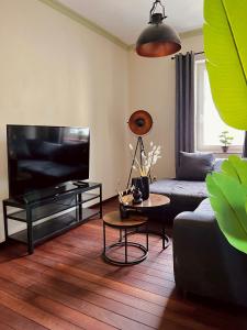 a living room with a couch and a flat screen tv at Hirschquartier in Hachenburg