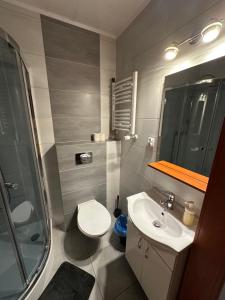a bathroom with a toilet and a sink and a shower at Bianco - pokoje noclegowe in Częstochowa