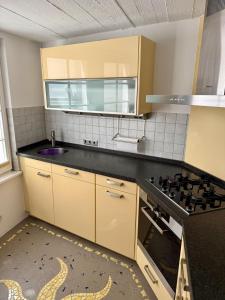 a kitchen with a sink and a stove top oven at Im Dörnchen in Mettmann