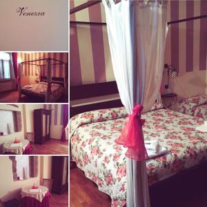 1 dormitorio con 1 cama con cortina y mesa en City's House Guest House en Bérgamo