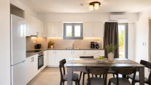 a kitchen with a table and chairs in a kitchen at Balis Villa Naxos in Agios Prokopios