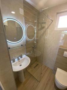 a bathroom with a sink and a glass shower at Vila Ideal in Donji Štoj +42 photos
