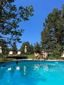 a woman sitting in a chair next to a swimming pool at Maglian Forest Retreat in Divčibare