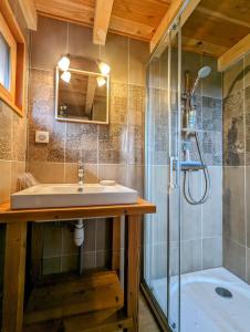 a bathroom with a sink and a shower at Ecogîte Les Papillons des Sucs in Saint-Maurice-de-Lignon +14 photos