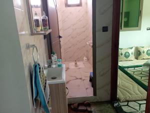 a small bathroom with a sink and a pink toilet at Kaltouma in Sidi Bibi
